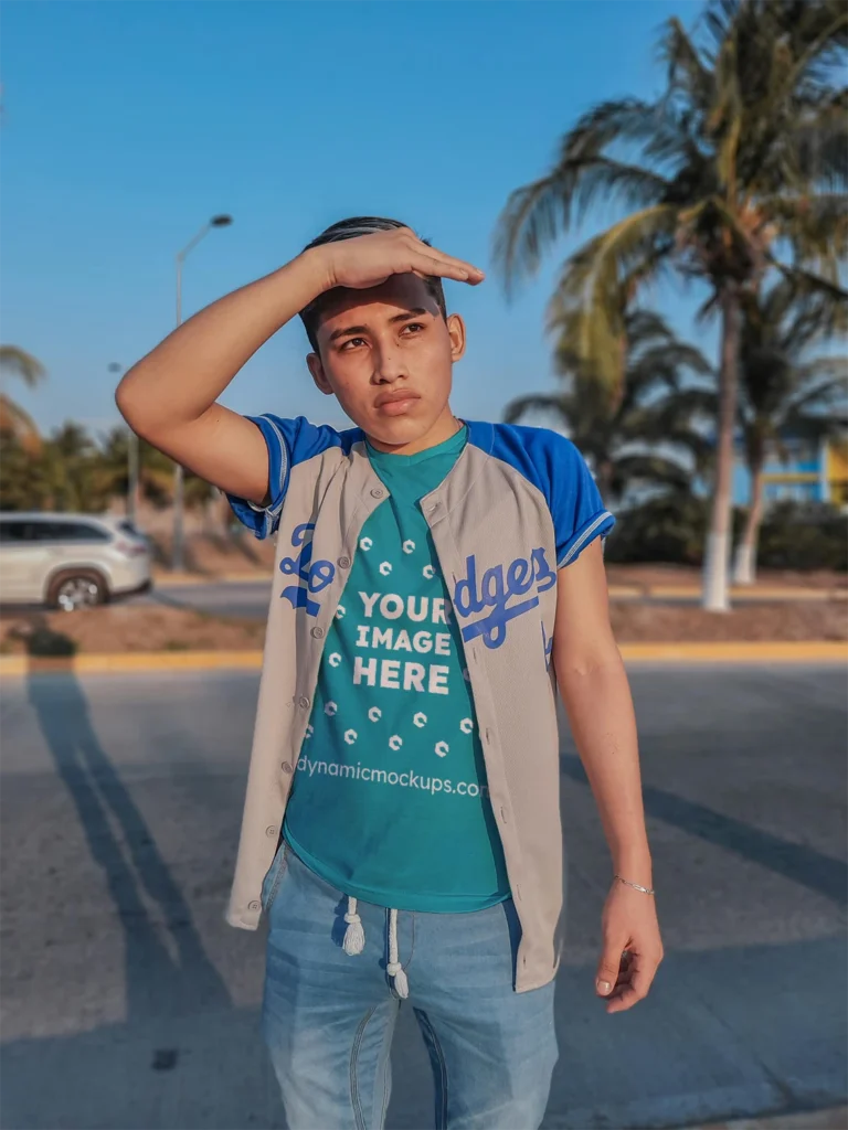 Boy Wearing Teal T-shirt Mockup Front View Template