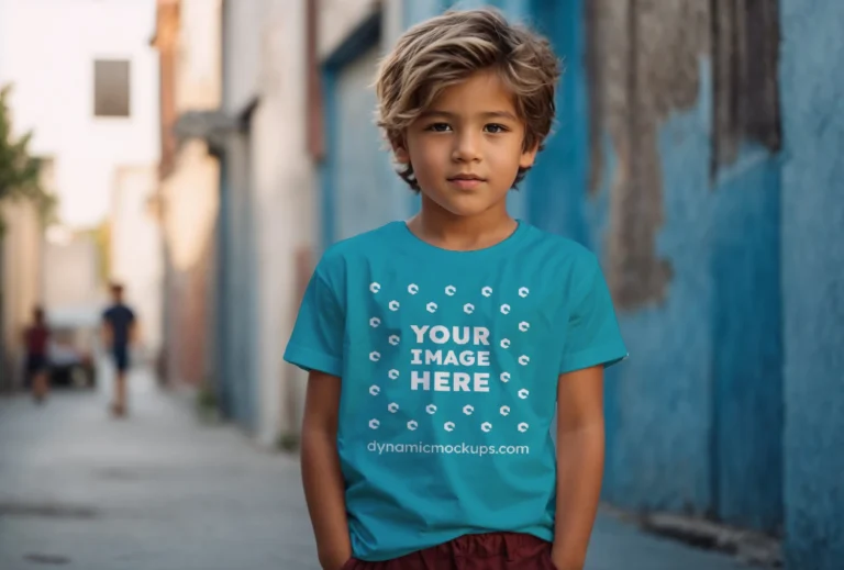 Boy Wearing Teal T-shirt Mockup Front View Template