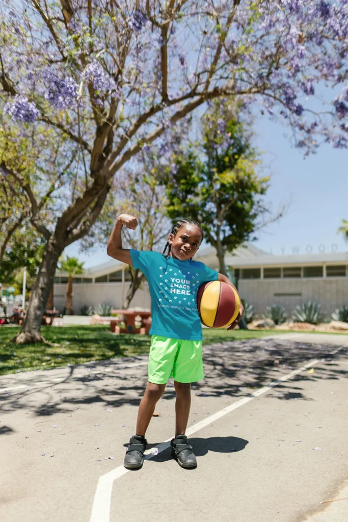 Boy Wearing Teal T-shirt Mockup Front View Template