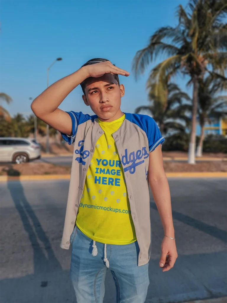 Boy Wearing Yellow T-shirt Mockup Front View Template