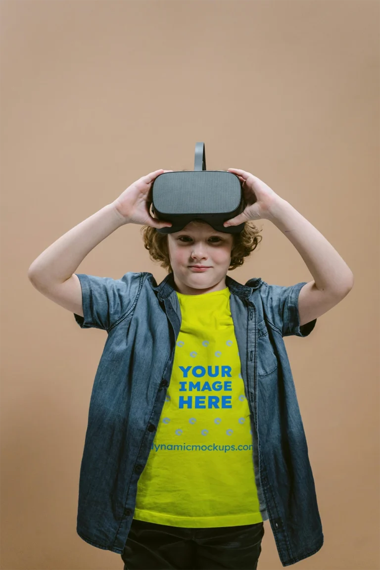 Boy Wearing Yellow T-shirt Mockup Front View Template