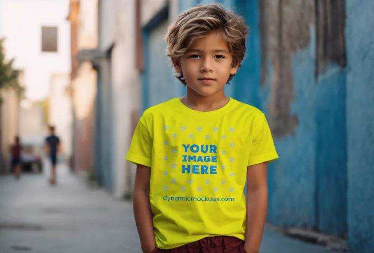 Boy Wearing Yellow T-shirt Mockup Front View Template