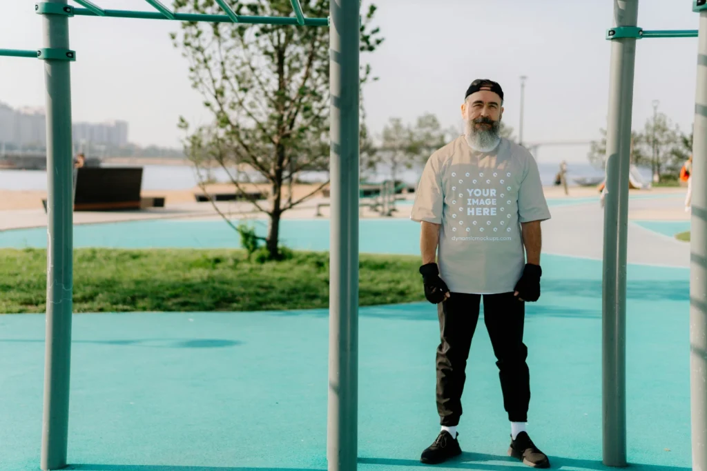 Man Wearing Beige T-shirt Mockup Front View Template