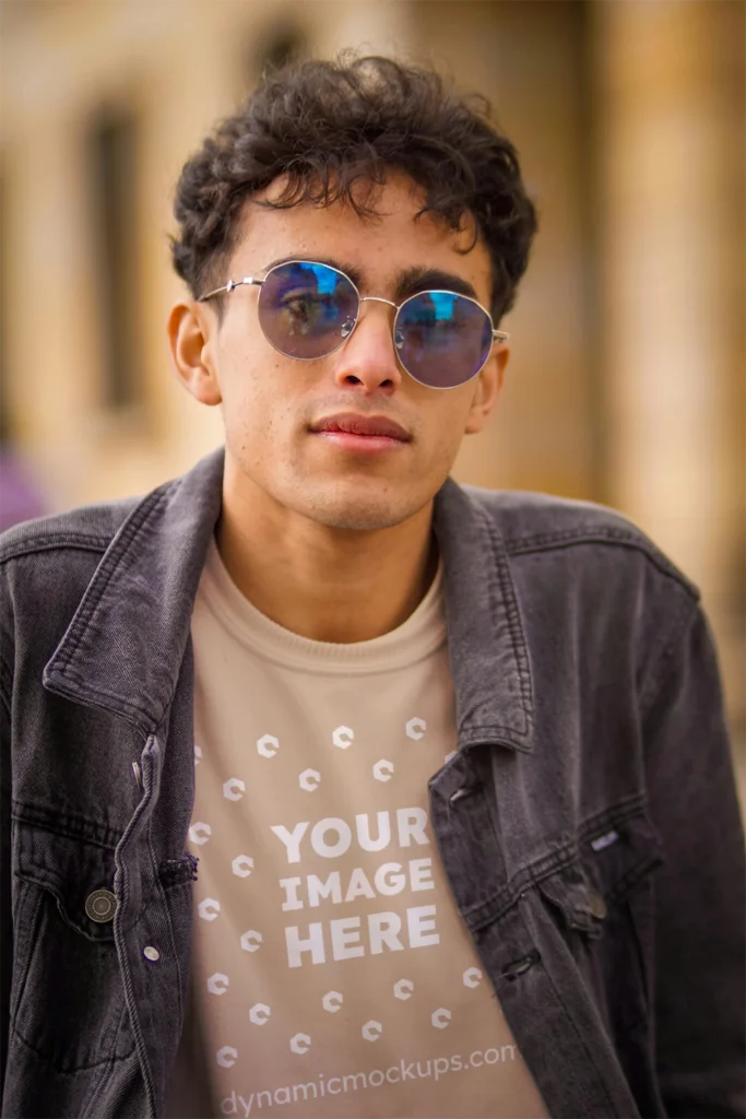 Man Wearing Beige T-shirt Mockup Front View Template