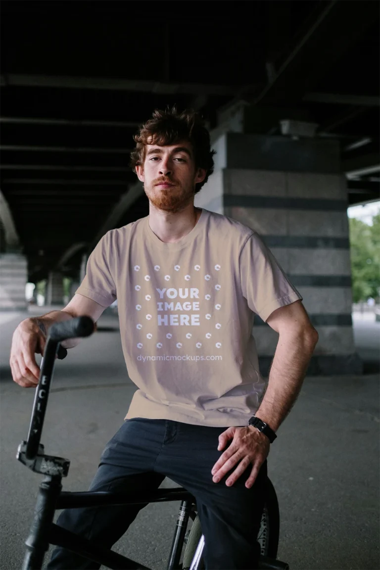 Man Wearing Beige T-shirt Mockup Front View Template