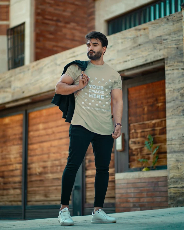 Man Wearing Beige T-shirt Mockup Front View Template