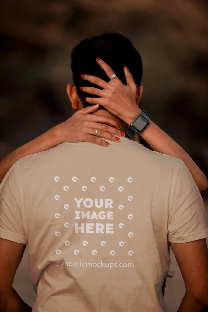 Man Wearing Beige T-shirt Mockup Front View Template