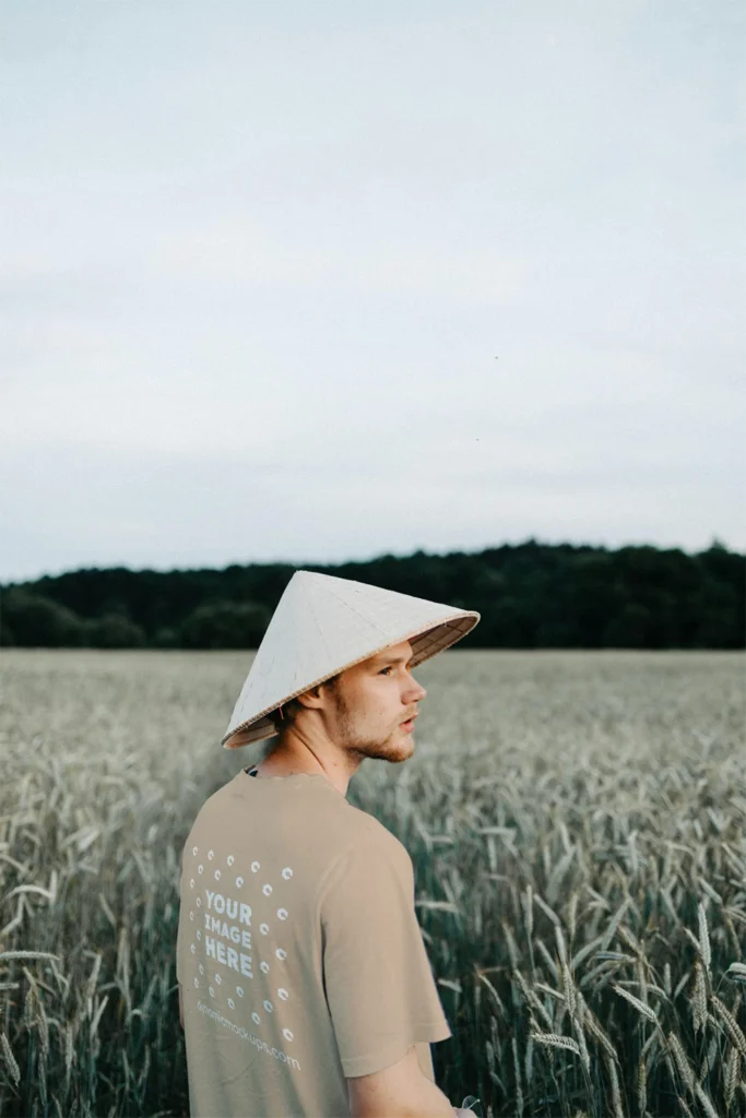 Man Wearing Beige T-shirt Mockup Front View Template