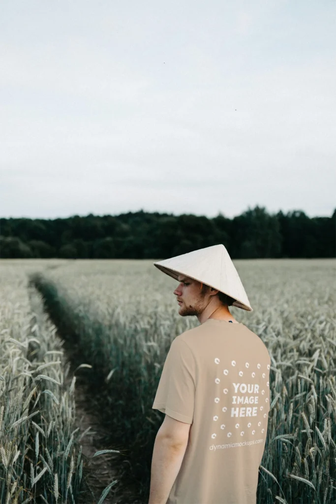 Man Wearing Beige T-shirt Mockup Front View Template