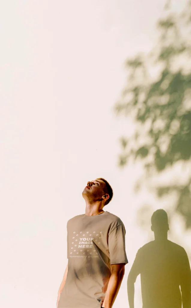 Man Wearing Beige T-shirt Mockup Front View Template