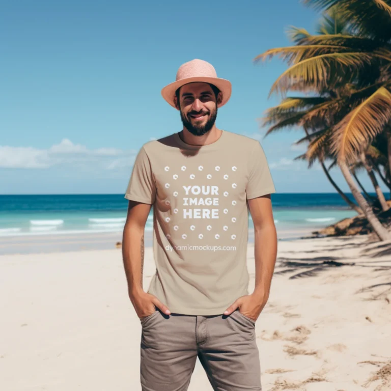 Man Wearing Beige T-shirt Mockup Front View Template