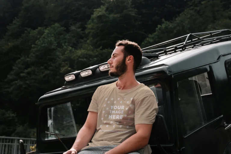 Man Wearing Beige T-shirt Mockup Front View Template