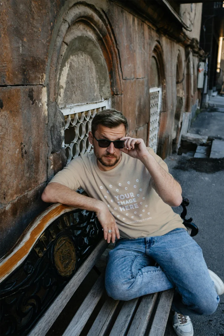 Man Wearing Beige T-shirt Mockup Front View Template