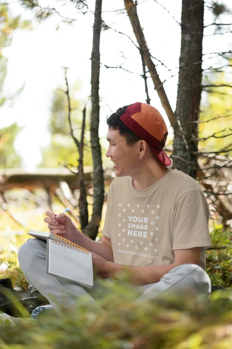 Man Wearing Beige T-shirt Mockup Front View Template