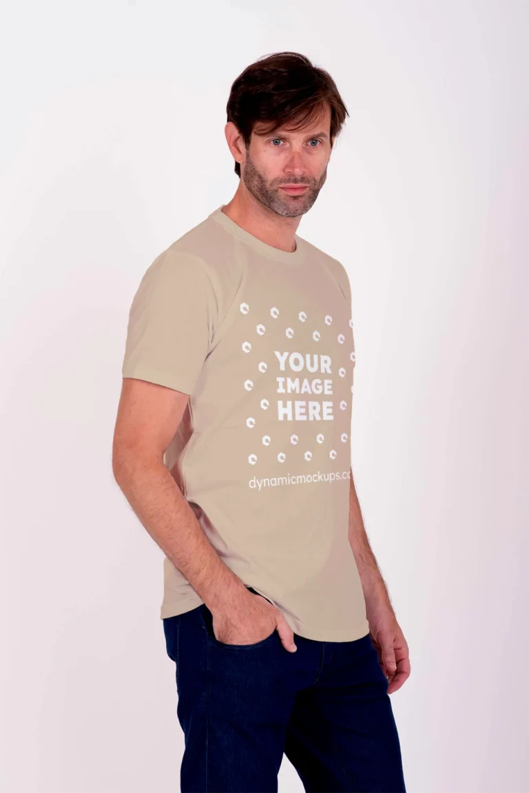 Man Wearing Beige T-shirt Mockup Side View Template