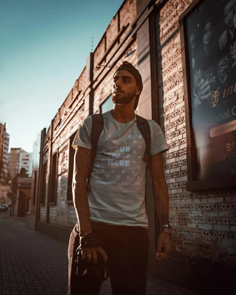 Man Wearing Beige T-shirt Mockup Front View Template