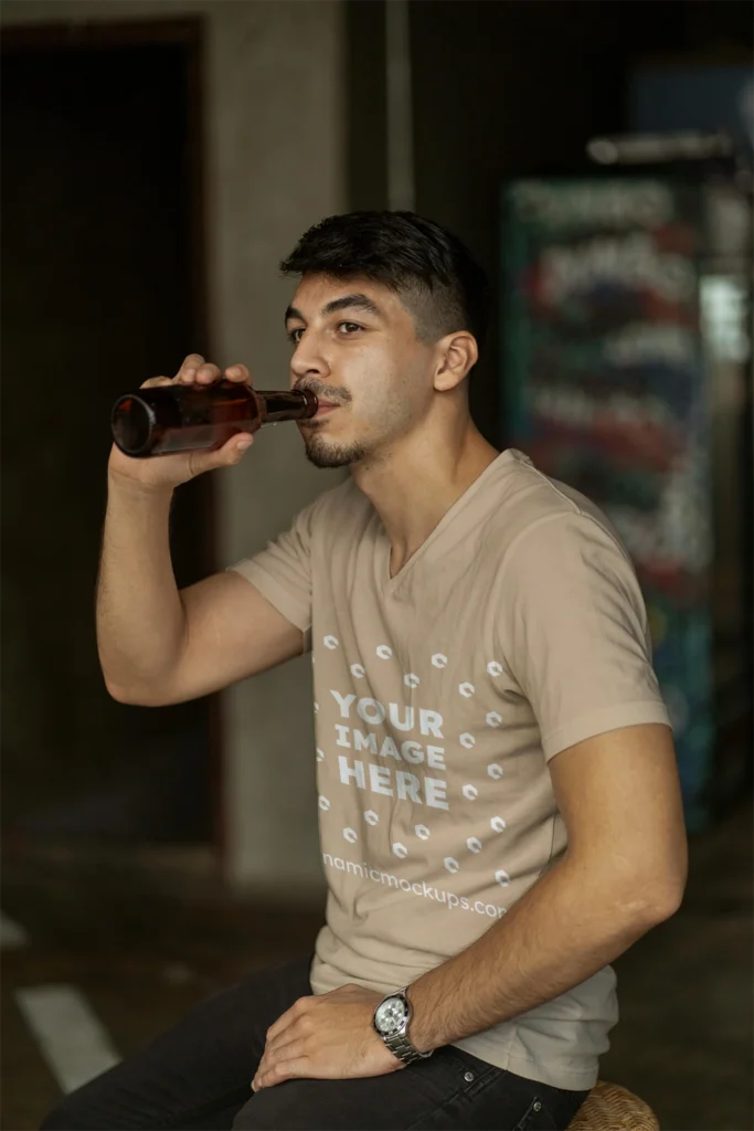 Man Wearing Beige T-shirt Mockup Side View Template