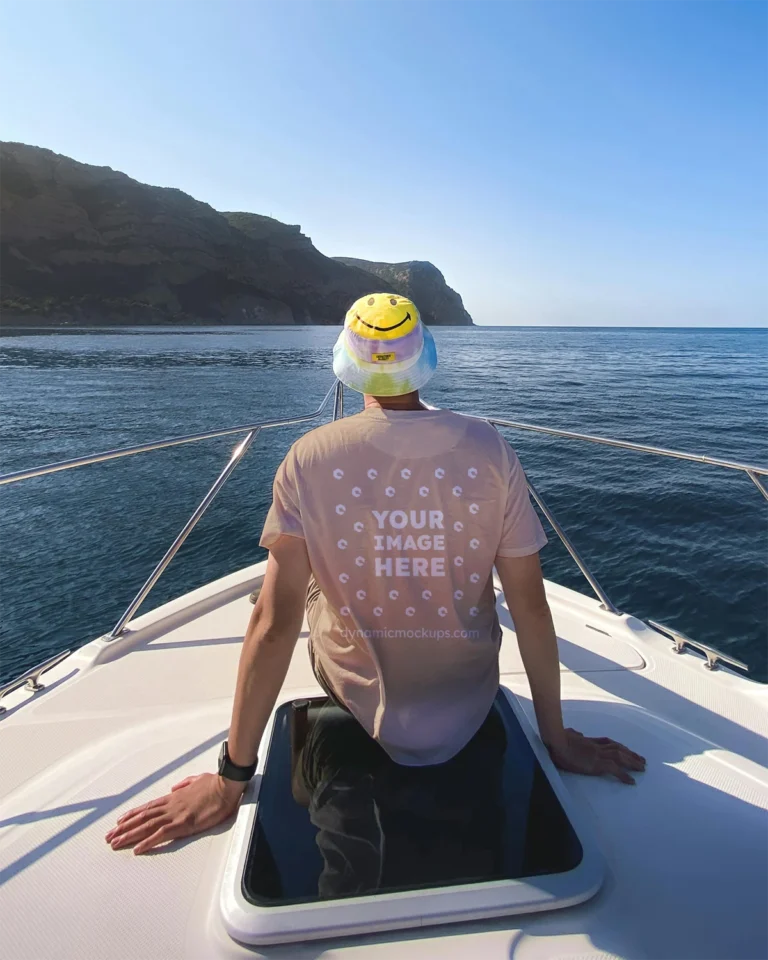 Man Wearing Beige T-shirt Mockup Back View Template