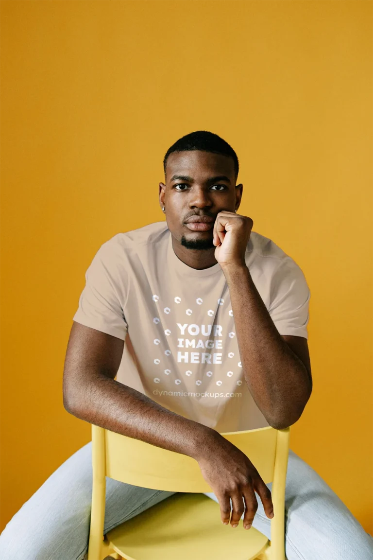 Man Wearing Beige T-shirt Mockup Front View Template