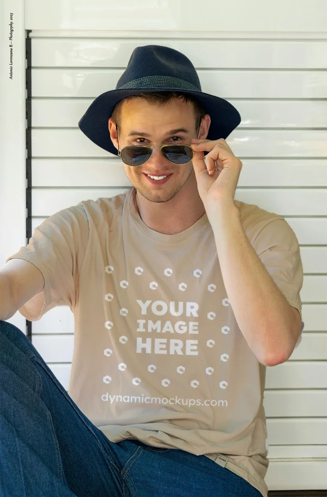 Man Wearing Beige T-shirt Mockup Front View Template