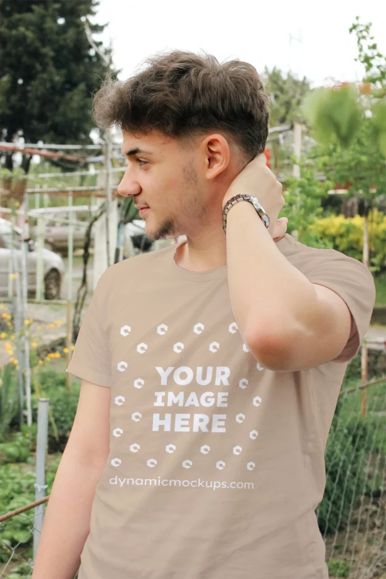 Man Wearing Beige T-shirt Mockup Front View Template