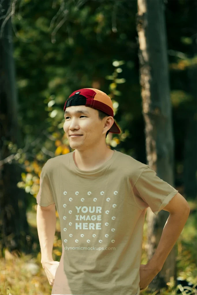 Man Wearing Beige T-shirt Mockup Front View Template