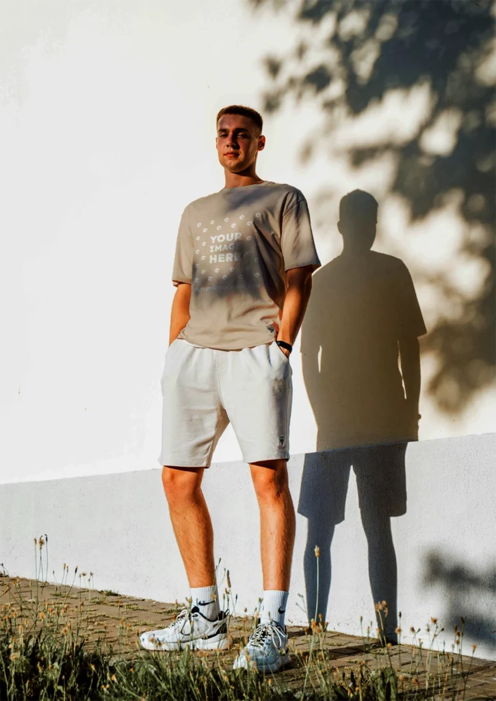 Man Wearing Beige T-shirt Mockup Front View Template