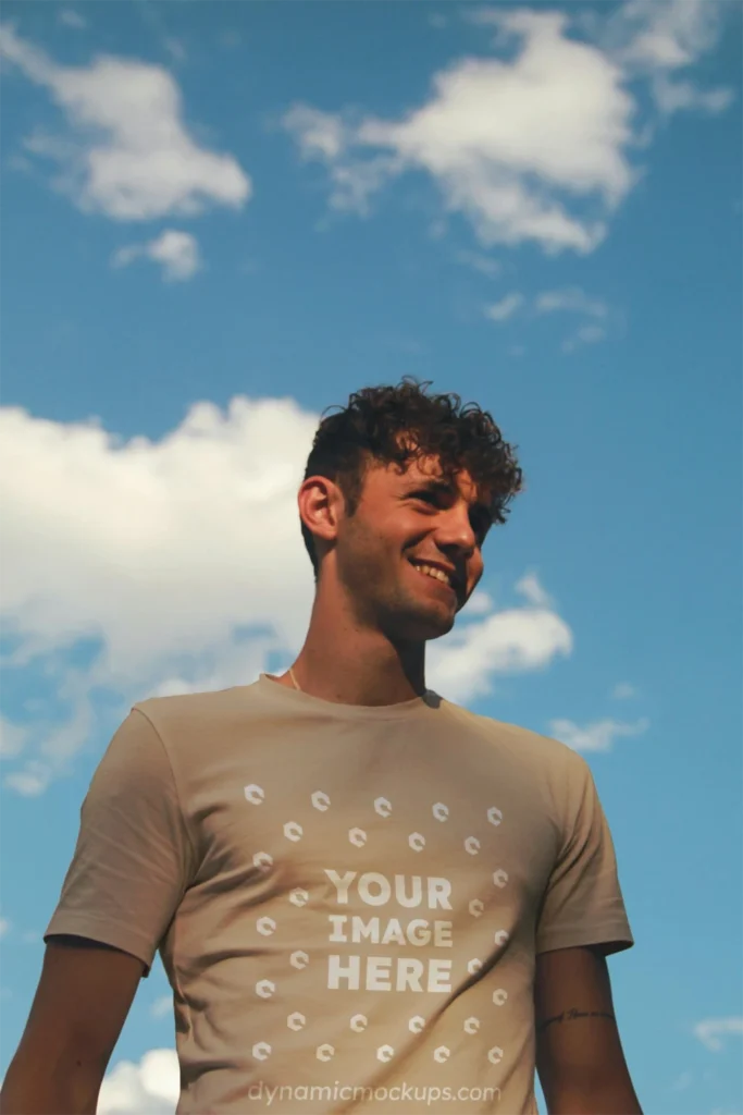 Man Wearing Beige T-shirt Mockup Front View Template