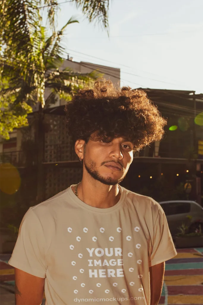 Man Wearing Beige T-shirt Mockup Front View Template