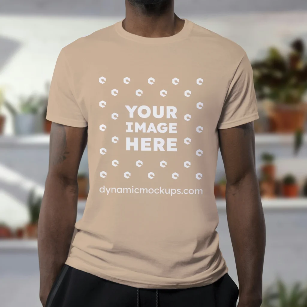 Man Wearing Beige T-shirt Mockup Front View Template