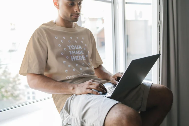 Man Wearing Beige T-shirt Mockup Front View Template