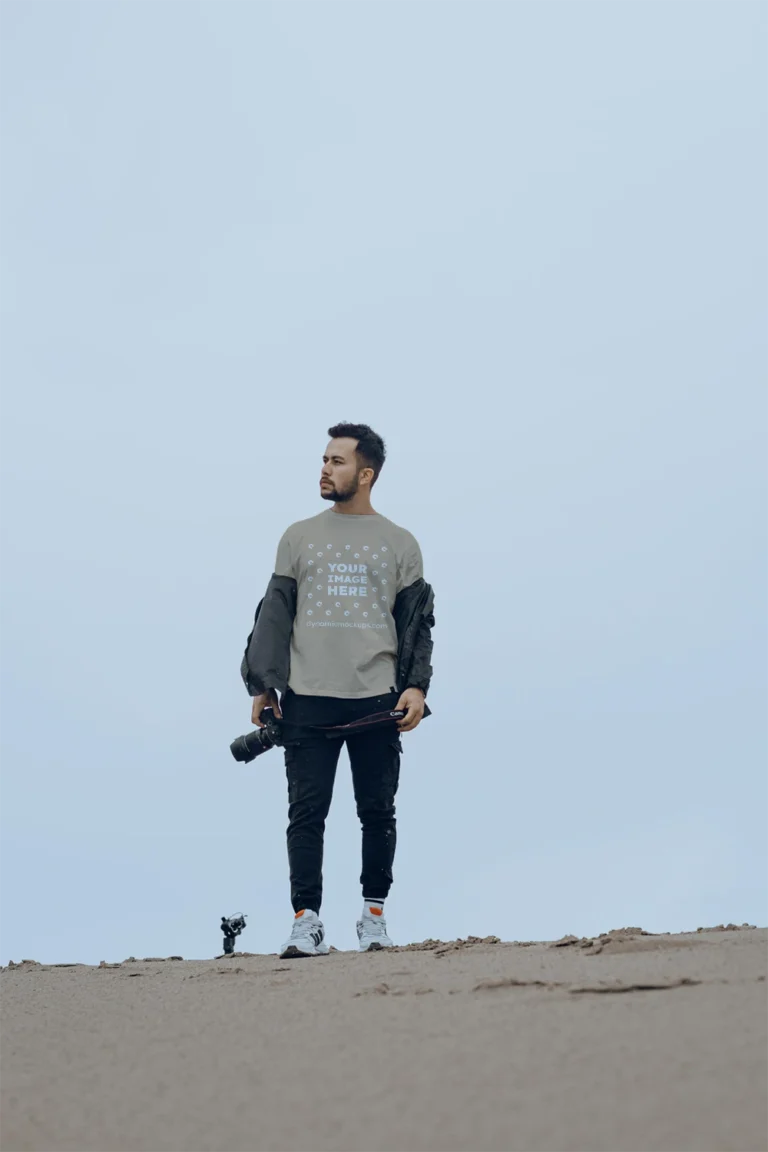 Man Wearing Beige T-shirt Mockup Front View Template