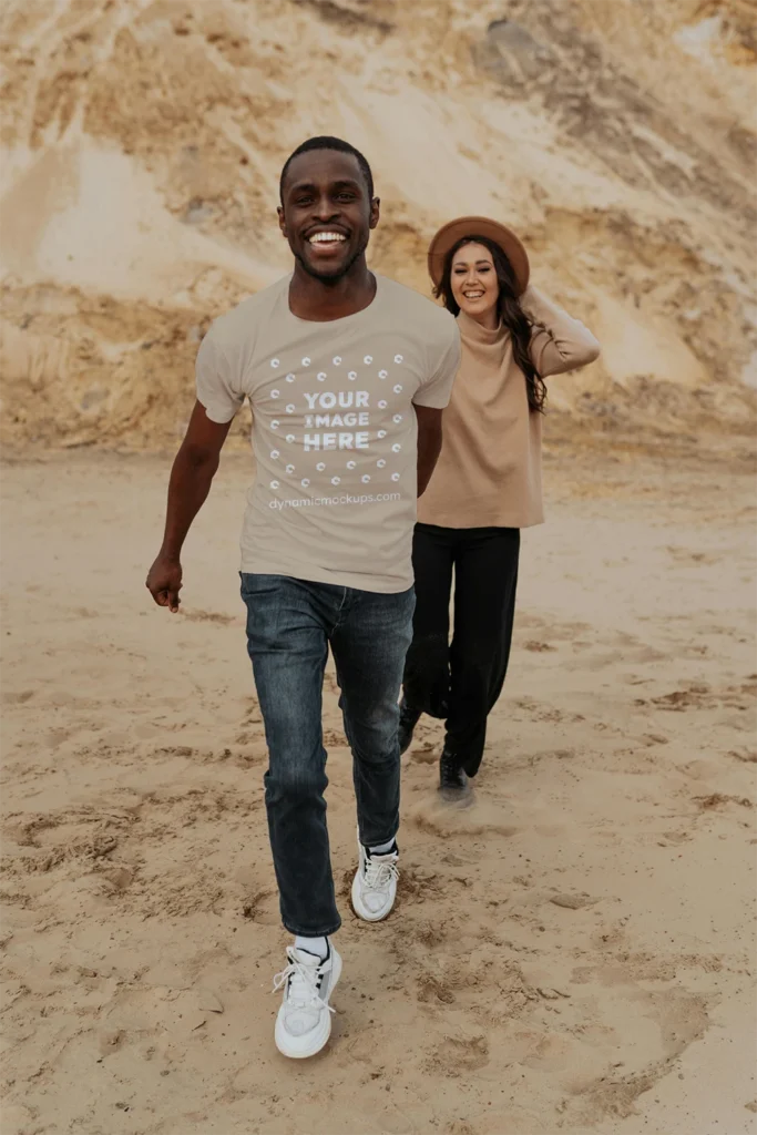 Man Wearing Beige T-shirt Mockup Front View Template