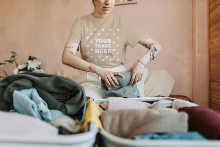 Man Wearing Beige T-shirt Mockup Front View Template