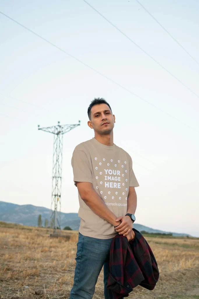 Man Wearing Beige T-shirt Mockup Front View Template