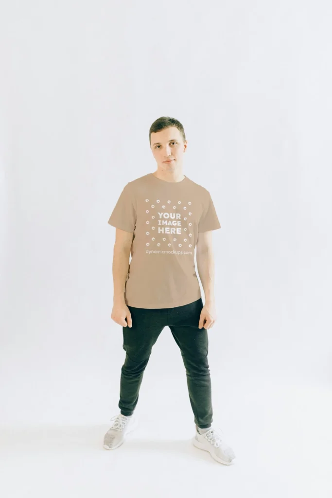 Man Wearing Beige T-shirt Mockup Front View Template