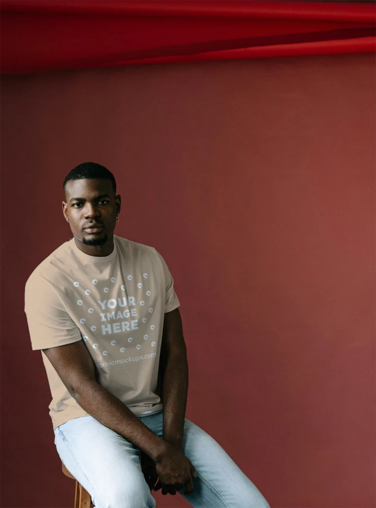 Man Wearing Beige T-shirt Mockup Front View Template