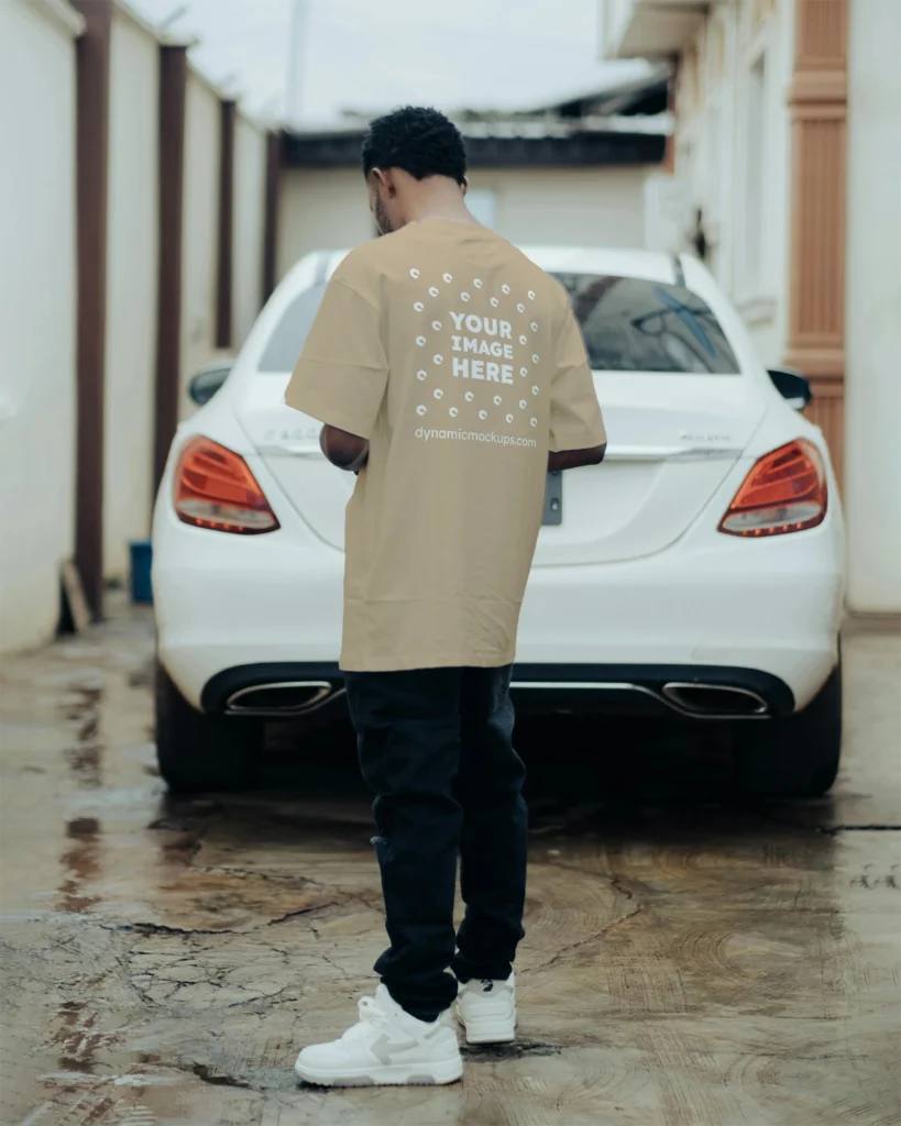 Man Wearing Beige T-shirt Mockup Back View Template