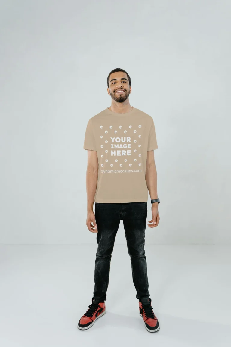 Man Wearing Beige T-shirt Mockup Front View Template