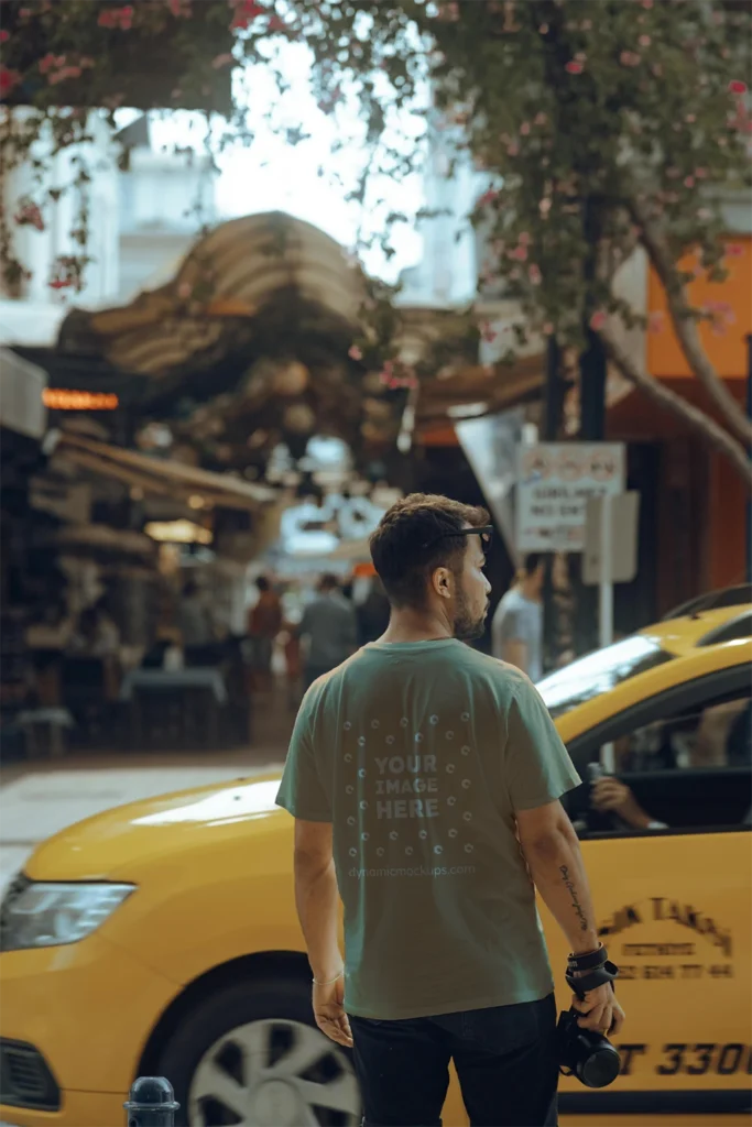 Man Wearing Beige T-shirt Mockup Back View Template