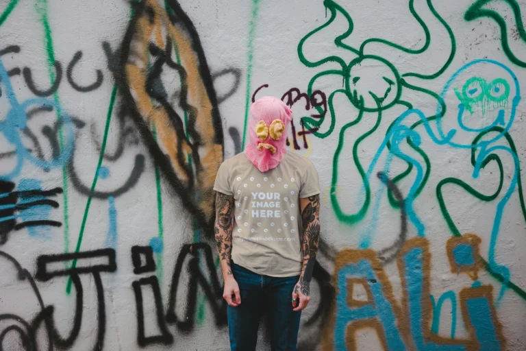 Man Wearing Beige T-shirt Mockup Front View Template