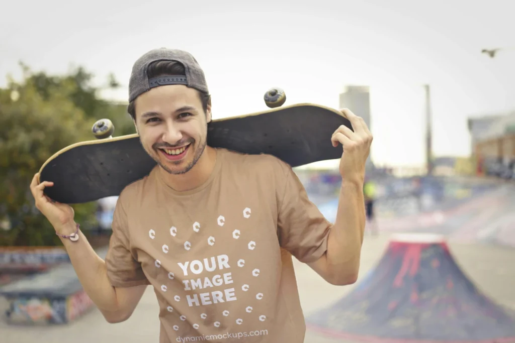 Man Wearing Beige T-shirt Mockup Front View Template