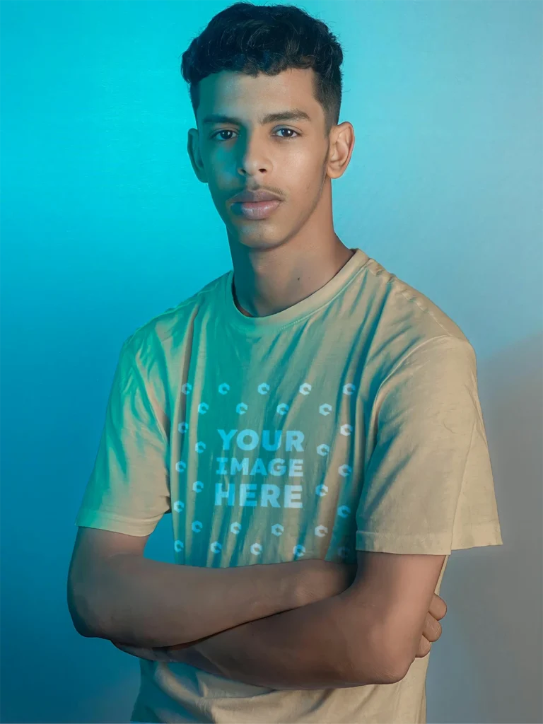 Man Wearing Beige T-shirt Mockup Front View Template