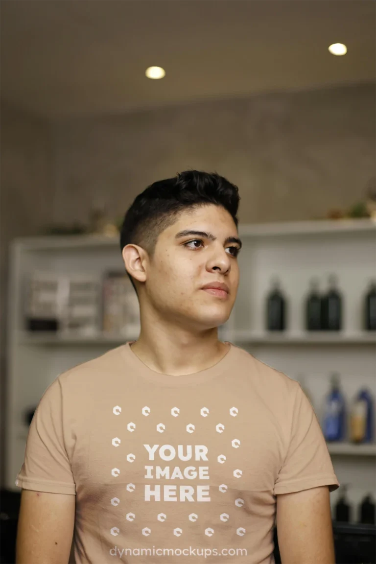 Man Wearing Beige T-shirt Mockup Front View Template