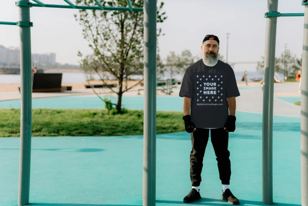 Man Wearing Black T-shirt Mockup Front View Template