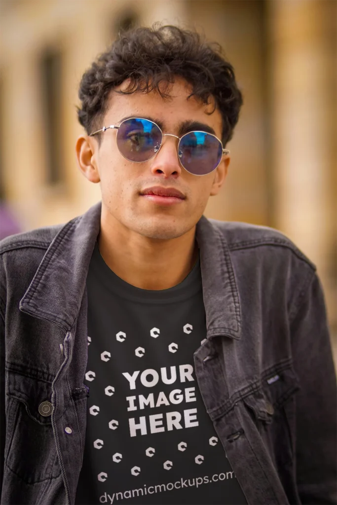 Man Wearing Black T-shirt Mockup Front View Template