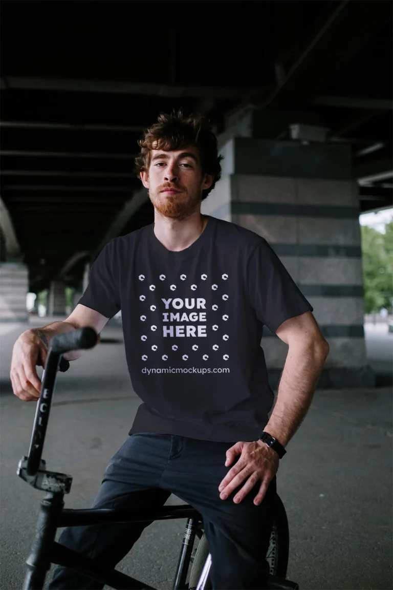 Man Wearing Black T-shirt Mockup Front View Template