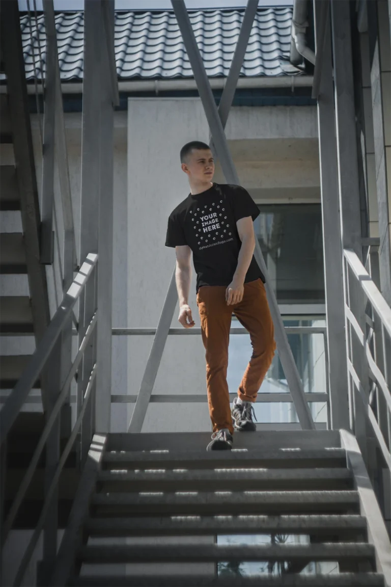 Man Wearing Black T-shirt Mockup Front View Template