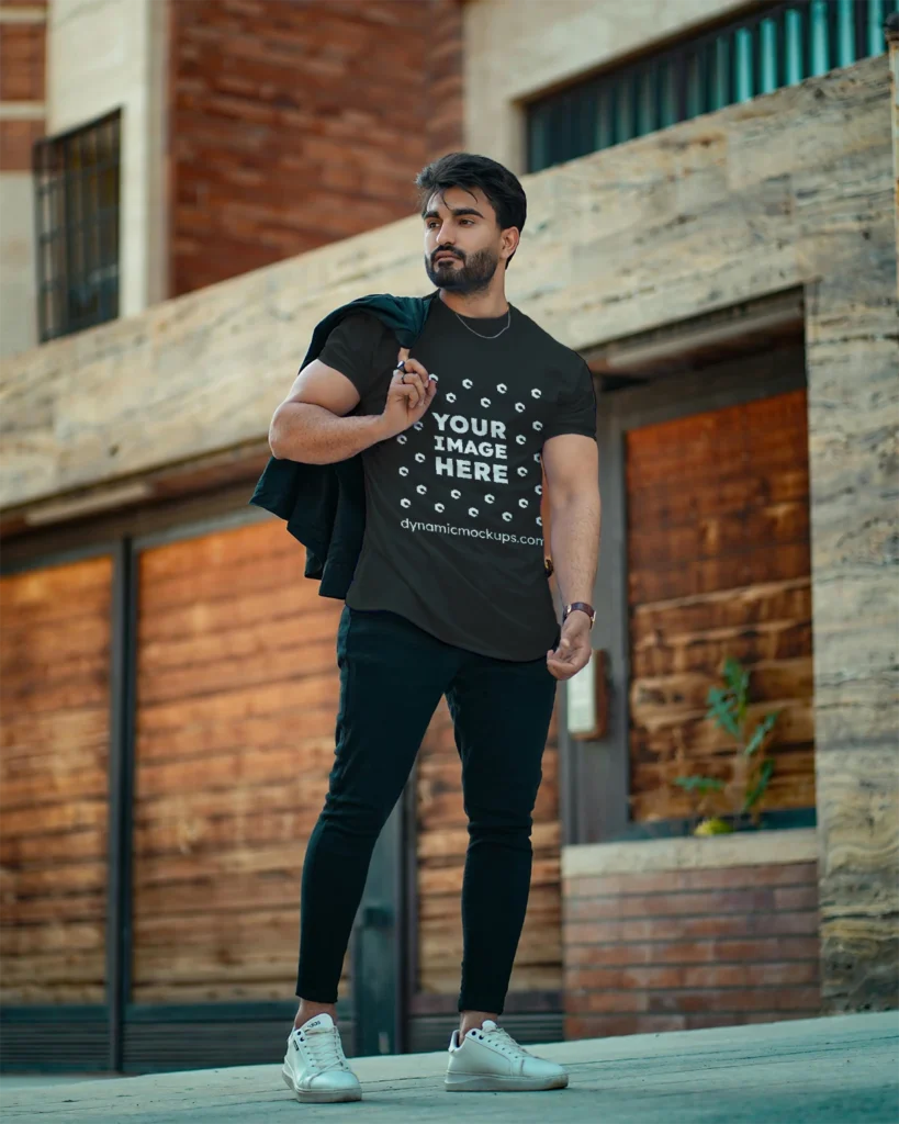 Man Wearing Black T-shirt Mockup Front View Template