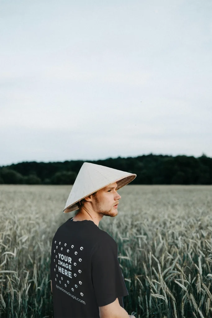 Man Wearing Black T-shirt Mockup Front View Template